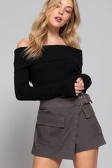 Grey Waist Belted Cargo Skort