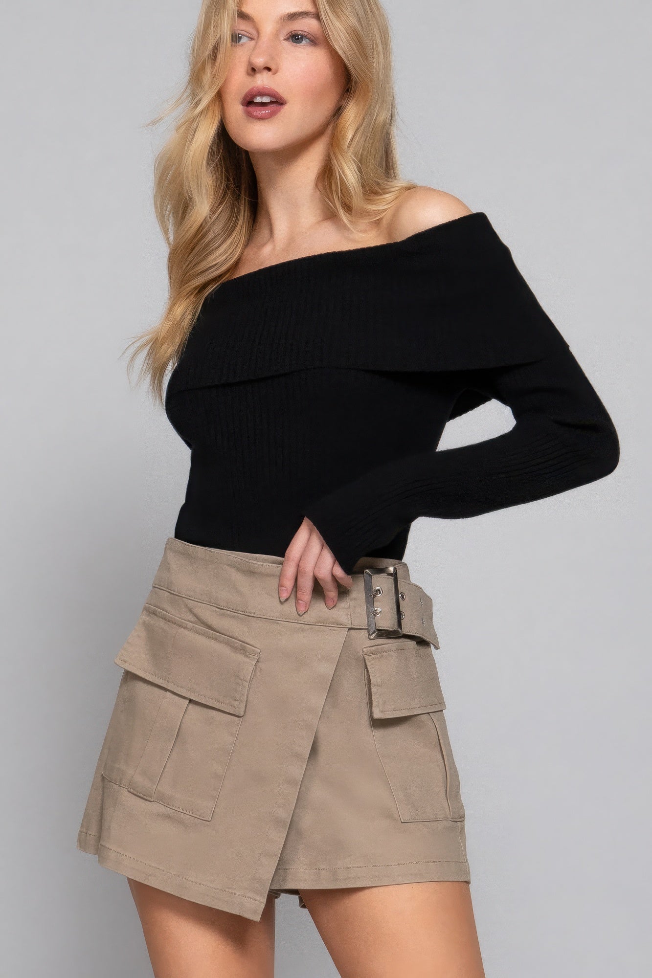 Khaki Waist Belted Cargo Skort