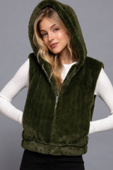 Olive Green Hoodie Faux Fur Vest