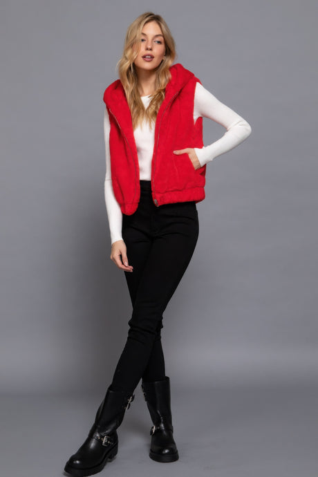 Red Hoodie Faux Fur Vest