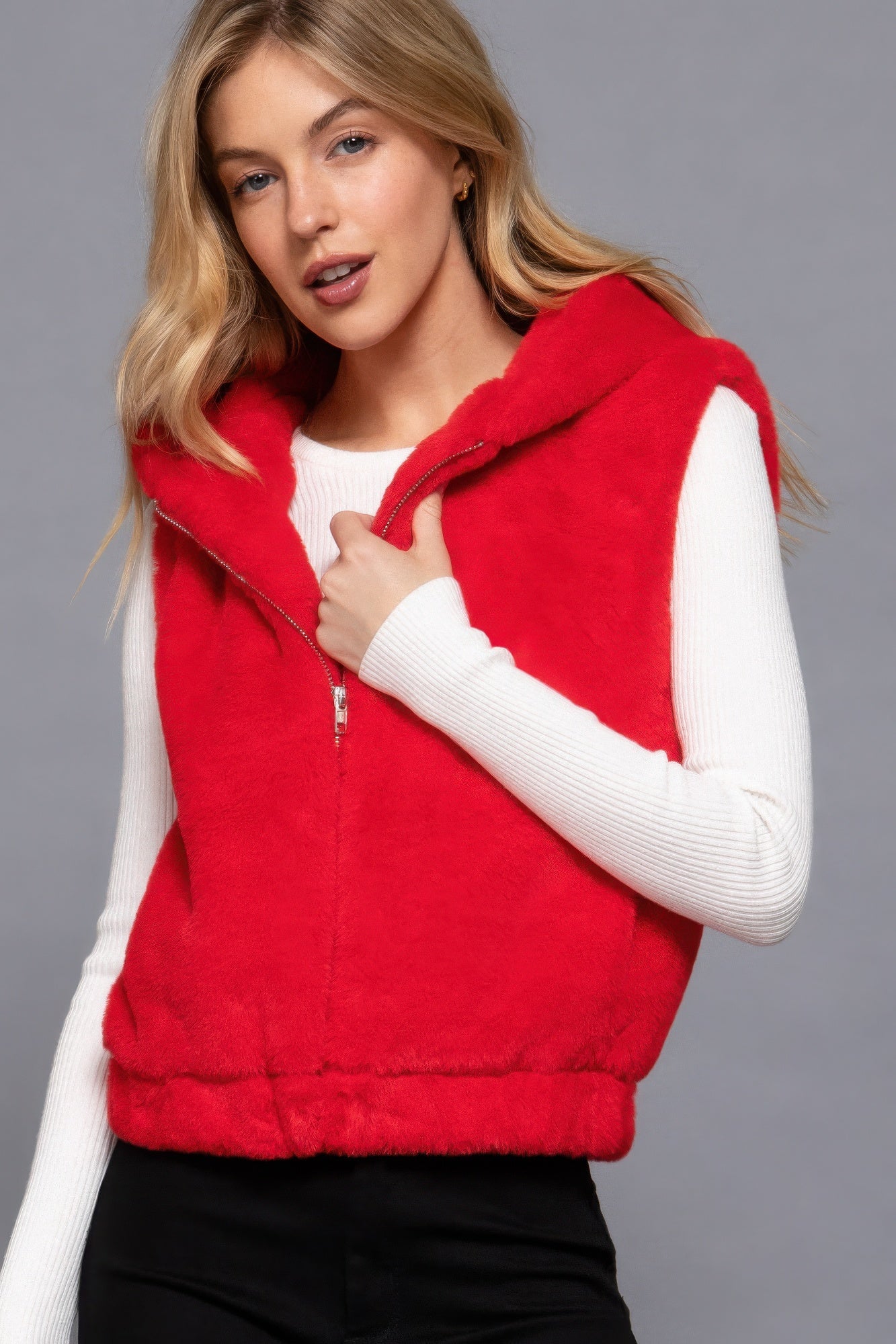 Red Hoodie Faux Fur Vest