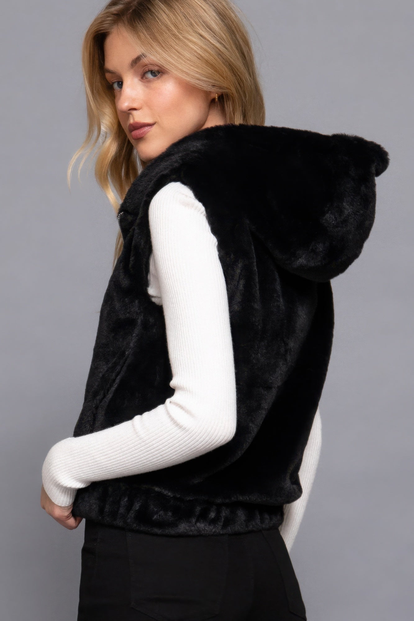 Black Hoodie Faux Fur Vest