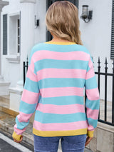 Angel Wings Striped Round Neck Dropped Shoulder Sweater