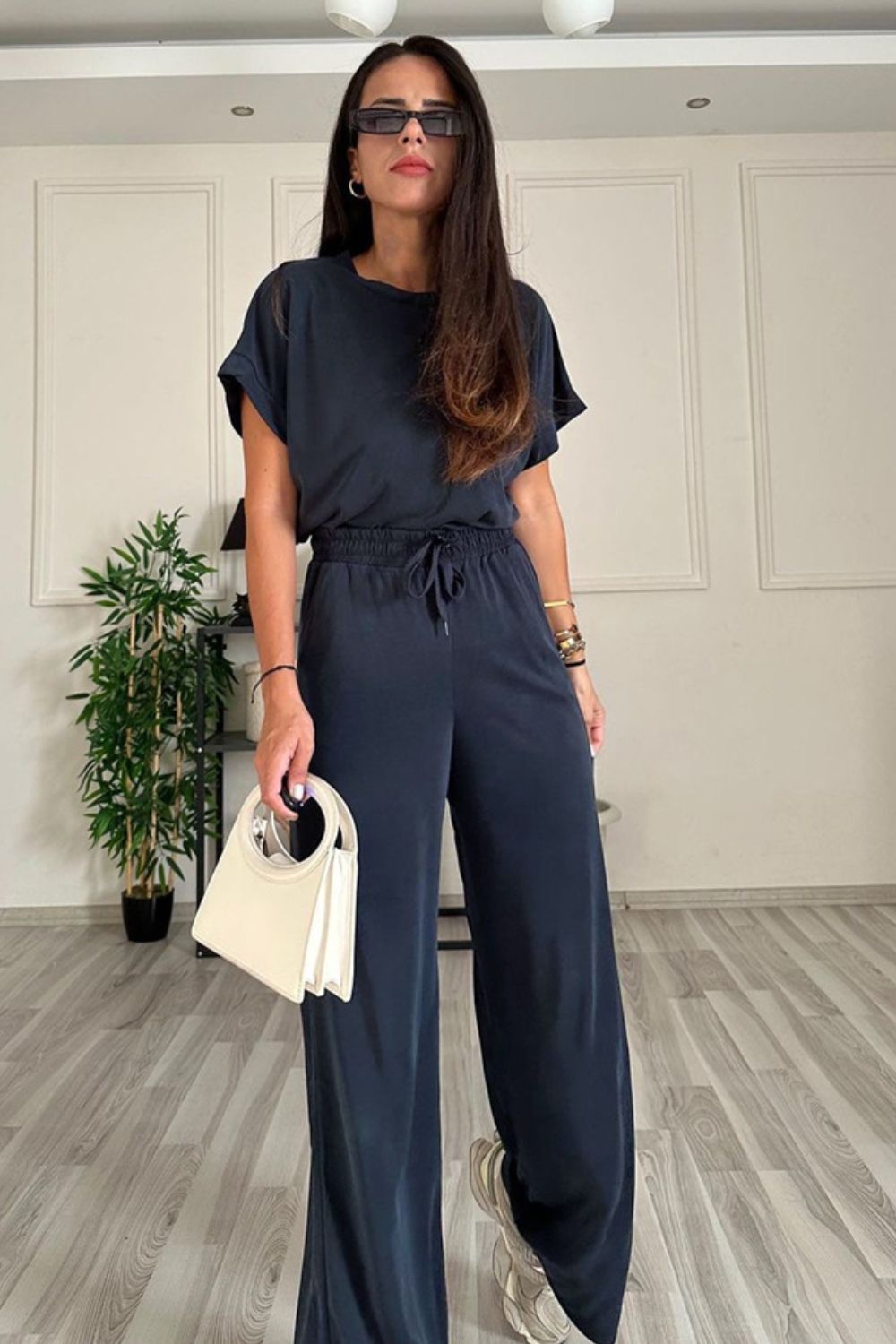 Round Neck Short Sleeve Top and Drawstring Pants Set