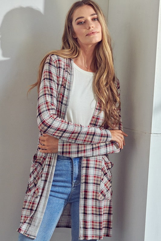 Plaid Long Sleeve Side Pockets Cardigan