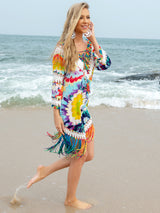 Fringe V-Neck Three-Quarter Sleeve Cover Up