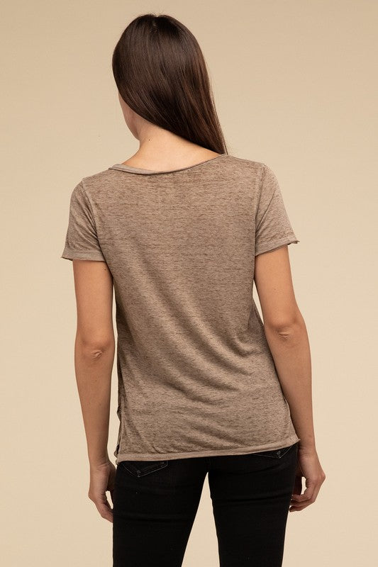 Washed Melange Burnout Scoop V-Neck Top