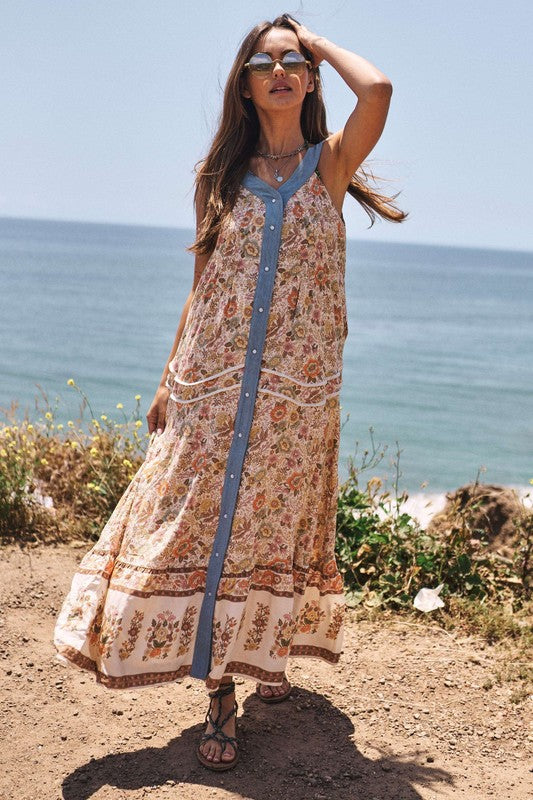 Floral Border Printed V-Neck Sleeveless Maxi Dress king-general-store-5710.myshopify.com