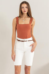 Ribbed Ruffle Strap Sleeveless Bodysuit