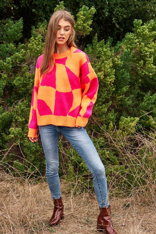 Multi Geo Checker Pullover Knit Sweater Top king-general-store-5710.myshopify.com