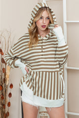 Striped Dropped Shoulder Buttoned Hoodie