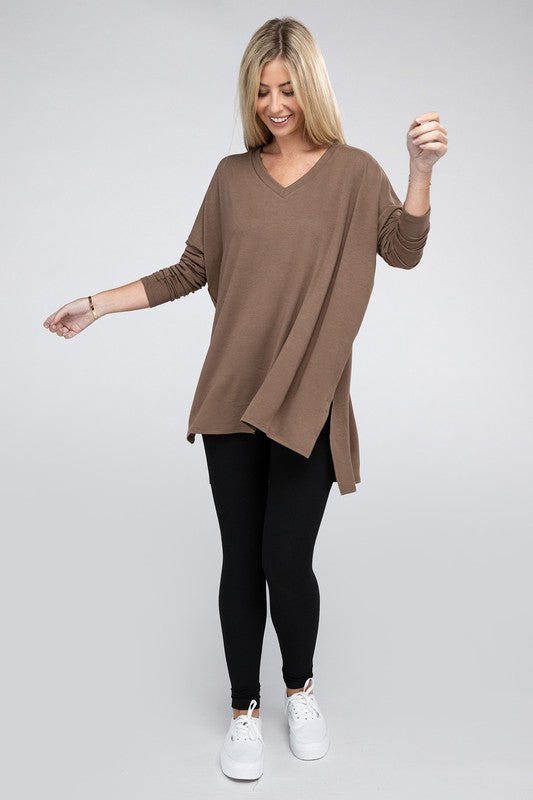 Dolman Long Sleeve V-Neck Side Slit Hi-Low Hem Top king-general-store-5710.myshopify.com