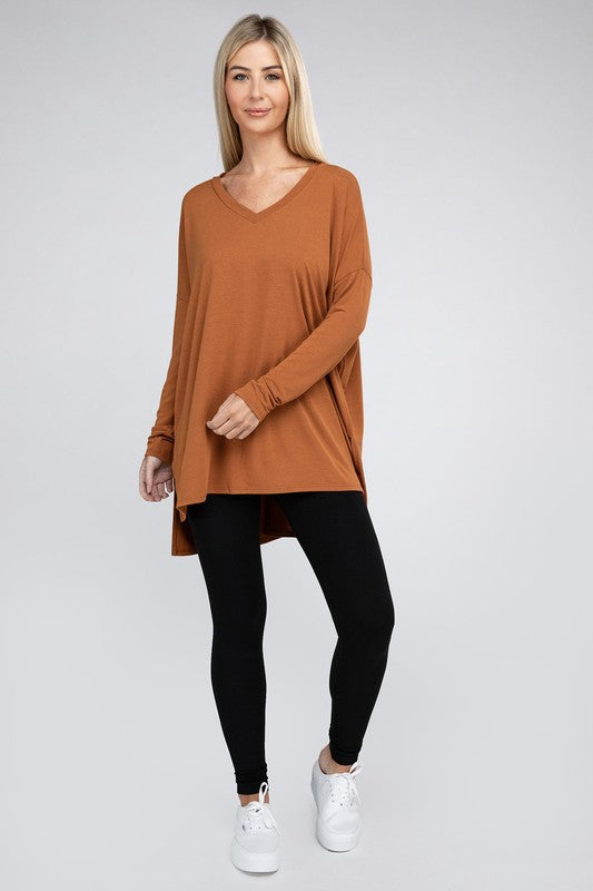 Dolman Long Sleeve V-Neck Side Slit Hi-Low Hem Top king-general-store-5710.myshopify.com