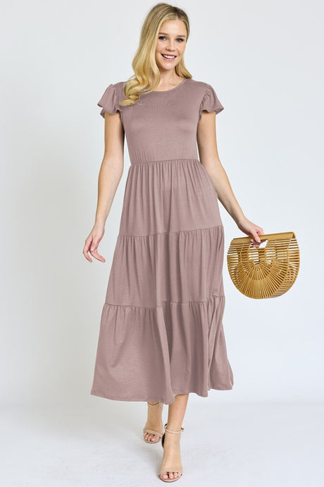 Solid Flutter Sleeve Tiered Tea Length Dress king-general-store-5710.myshopify.com