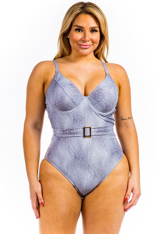 Plus One Piece Buckle Belt Embellish Denim Swimsuit king-general-store-5710.myshopify.com