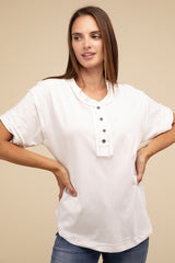 Raw Edge Detailed Button Closure Short Sleeve Top