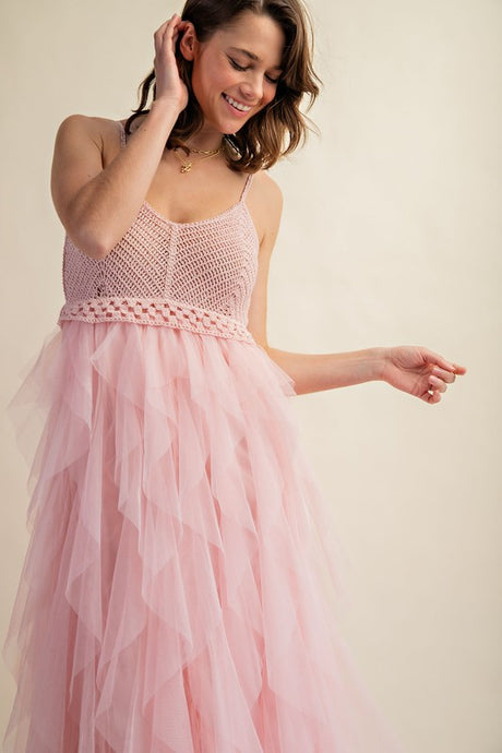 Lovely Tulle Midi Crochet Midi Dress