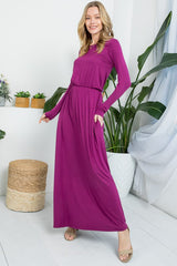 Solid Long Sleeve Elastic Waist Maxi Dress