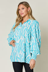 Double Take Full Size Printed Smocked Long Sleeve Blouse