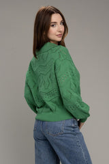 Green Hole-Knit Collared Sweater