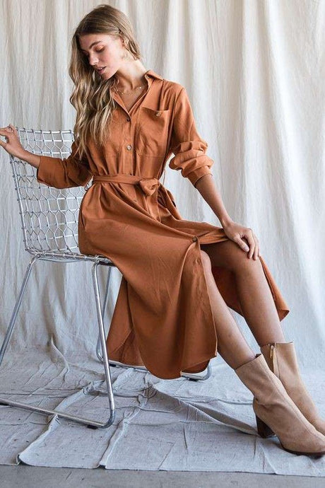 SOLID BUTTON DOWN BELTED LONG DRESS 30-545 king-general-store-5710.myshopify.com