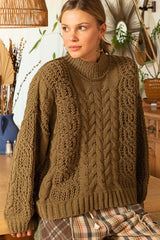 Dusky Olive POL Mock Neck Cable Knit Sweater