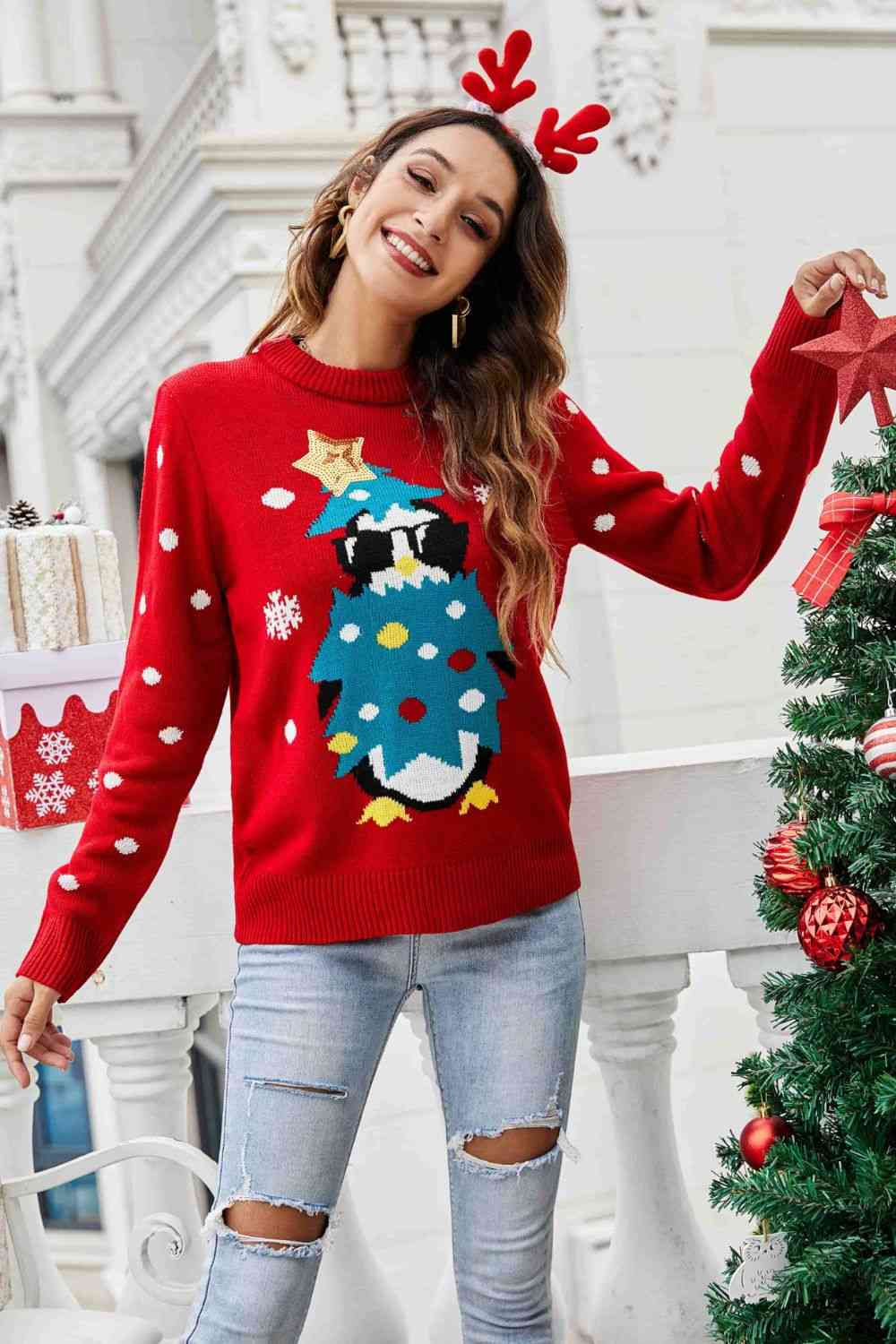 Christmas Penguin Graphic Sequin Sweater king-general-store-5710.myshopify.com