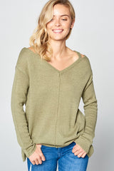 Solid Light Knit V-Neck Cold Shoulder Sweater