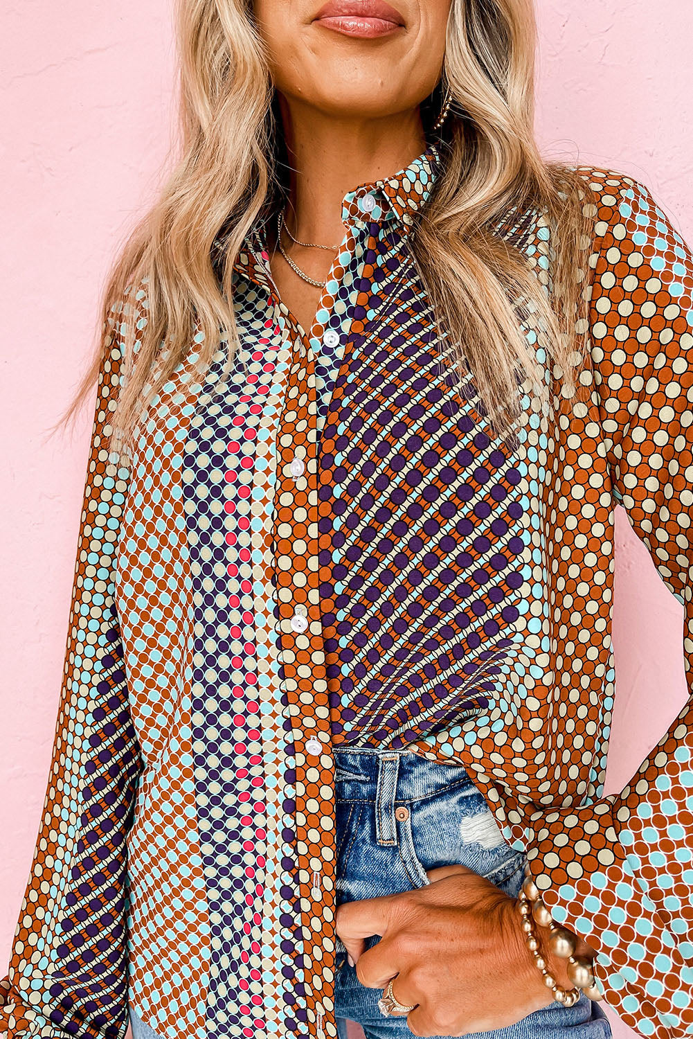 Brown Dot Print Long Sleeve Button Down Shift Shirt king-general-store-5710.myshopify.com