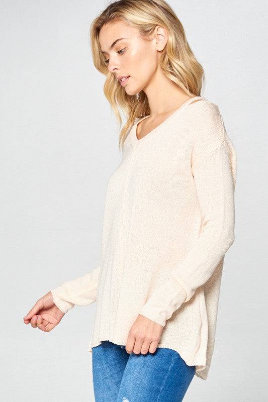 Solid Light Knit V-Neck Cold Shoulder Sweater