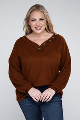 Plus Brushed Waffle V-Neck Button Detail Sweater king-general-store-5710.myshopify.com