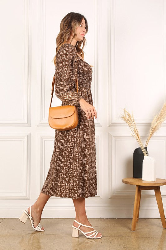 Square Neck Vintage Puff Midi Dress