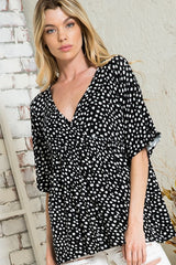 Dot Print Babydoll Kimono Sleeve Top