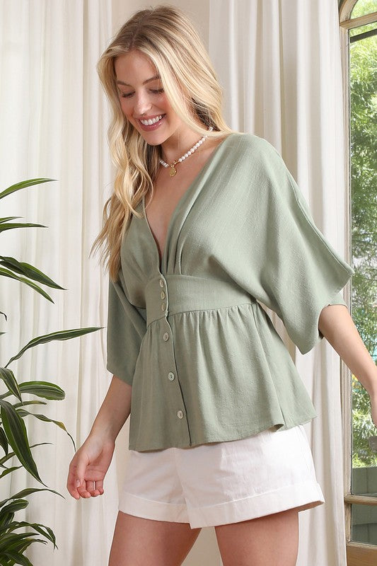 Sage Deep V-Neck Button Down Top king-general-store-5710.myshopify.com