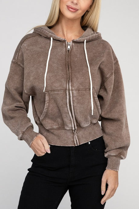 Acid Wash Fleece Cropped Zip-Up Hoodie king-general-store-5710.myshopify.com