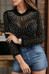 Rhinestone Trim Mock Neck Long Sleeve Bodysuit