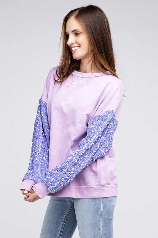 Velvet Sequin Sleeve Mineral Washed Top king-general-store-5710.myshopify.com