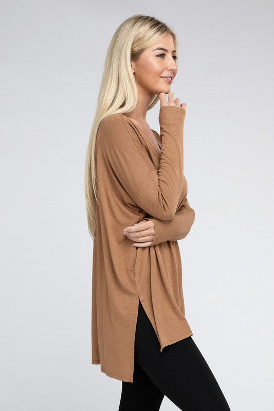 Dolman Long Sleeve V-Neck Side Slit Hi-Low Hem Top king-general-store-5710.myshopify.com