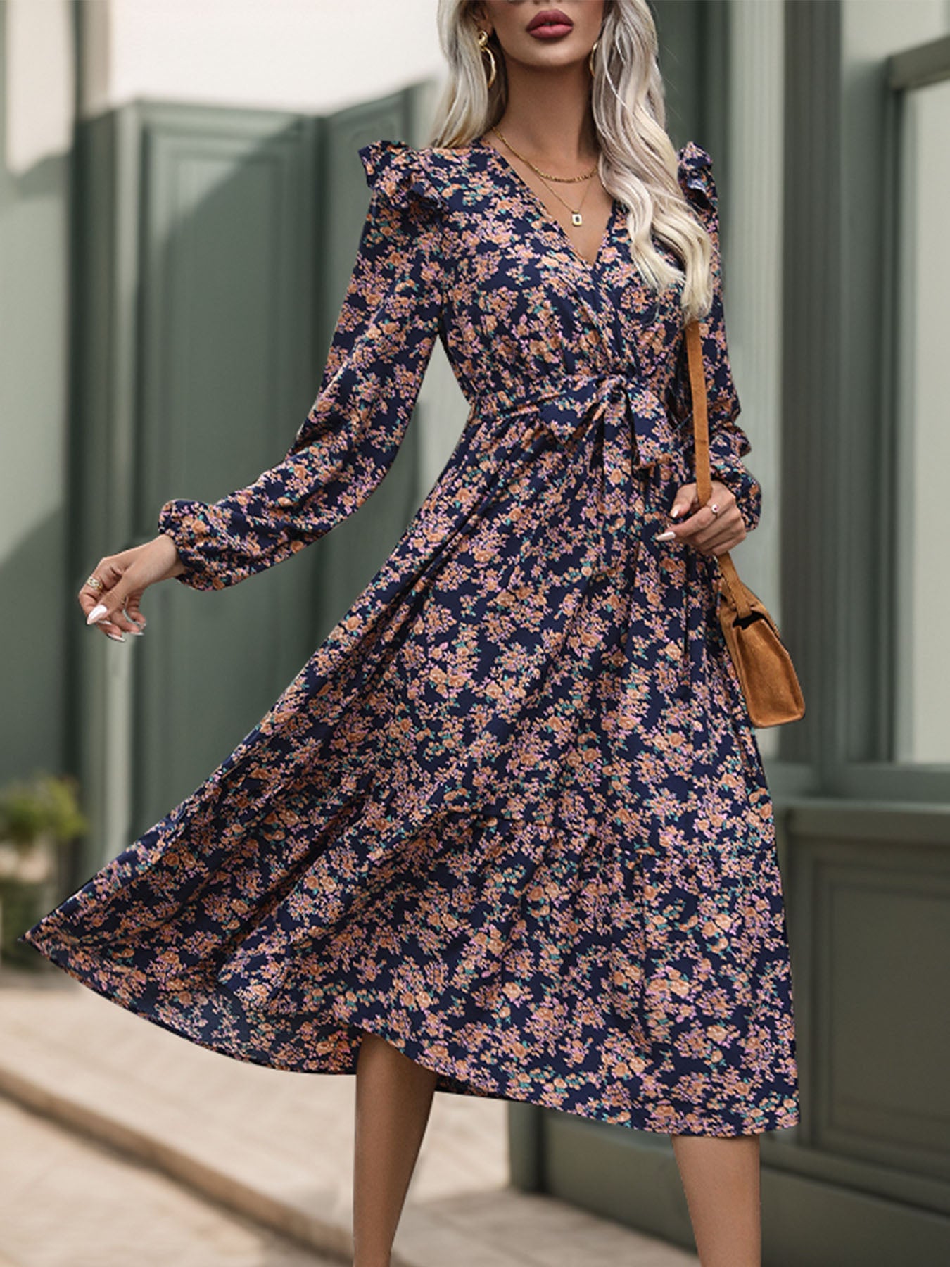 Perfee Printed Surplice Long Sleeve Midi Dress