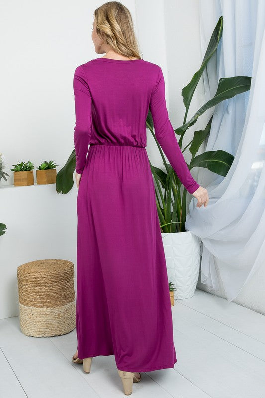 Solid Long Sleeve Elastic Waist Maxi Dress