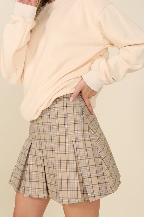 Beige Check Plaid Pleated Mini Skirt king-general-store-5710.myshopify.com