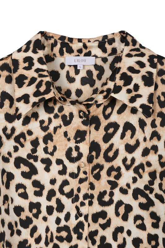 Long Sleeve Satin Leopard Blouse