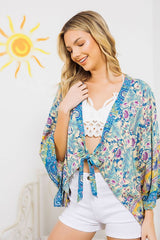 LIGHT WOVEN SQUARED OPEN KIMONO CARDIGAN WITH TIE