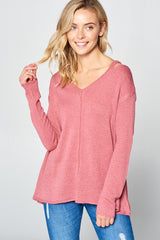 Solid Light Knit V-Neck Cold Shoulder Sweater