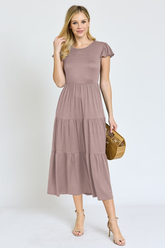 Solid Flutter Sleeve Tiered Tea Length Dress king-general-store-5710.myshopify.com