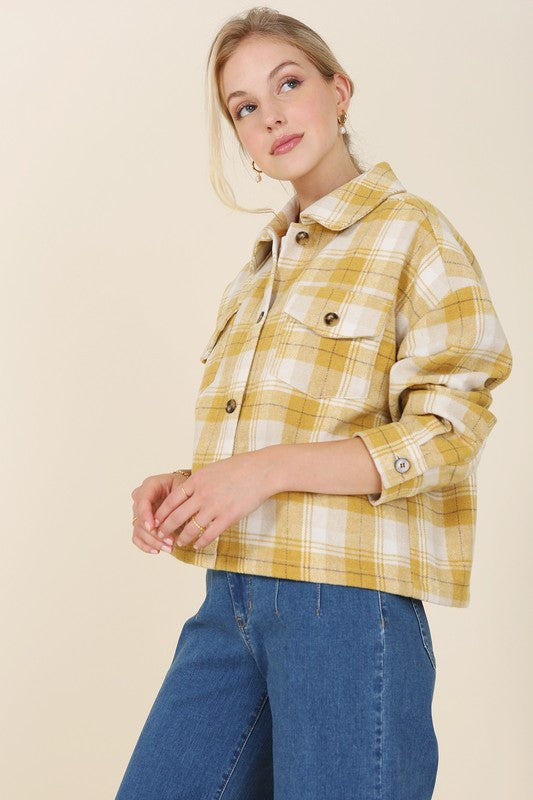 Plaid Long Sleeve Short Shacket with Pockets