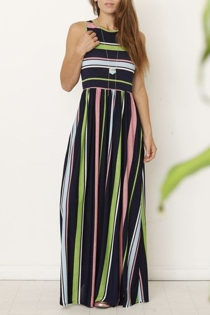 Multi Color Stripe Maxi Dress with Hidden Pocket