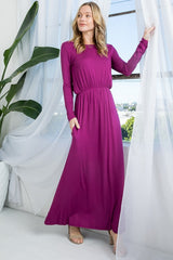 Solid Long Sleeve Elastic Waist Maxi Dress