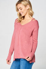 Solid Light Knit V-Neck Cold Shoulder Sweater