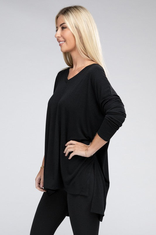 Dolman Long Sleeve V-Neck Side Slit Hi-Low Hem Top king-general-store-5710.myshopify.com